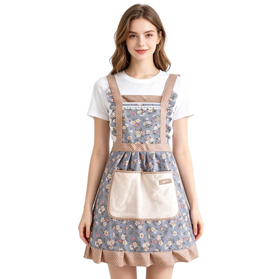 Cute Floral Canvas Apron with Pocket,Vintage Ruffle Kitchen Apron for Women,Adjustable Soft Skin-Friendly Apron for Cooking,Baking,Gardening,BBQ,Gift for Wife Mom