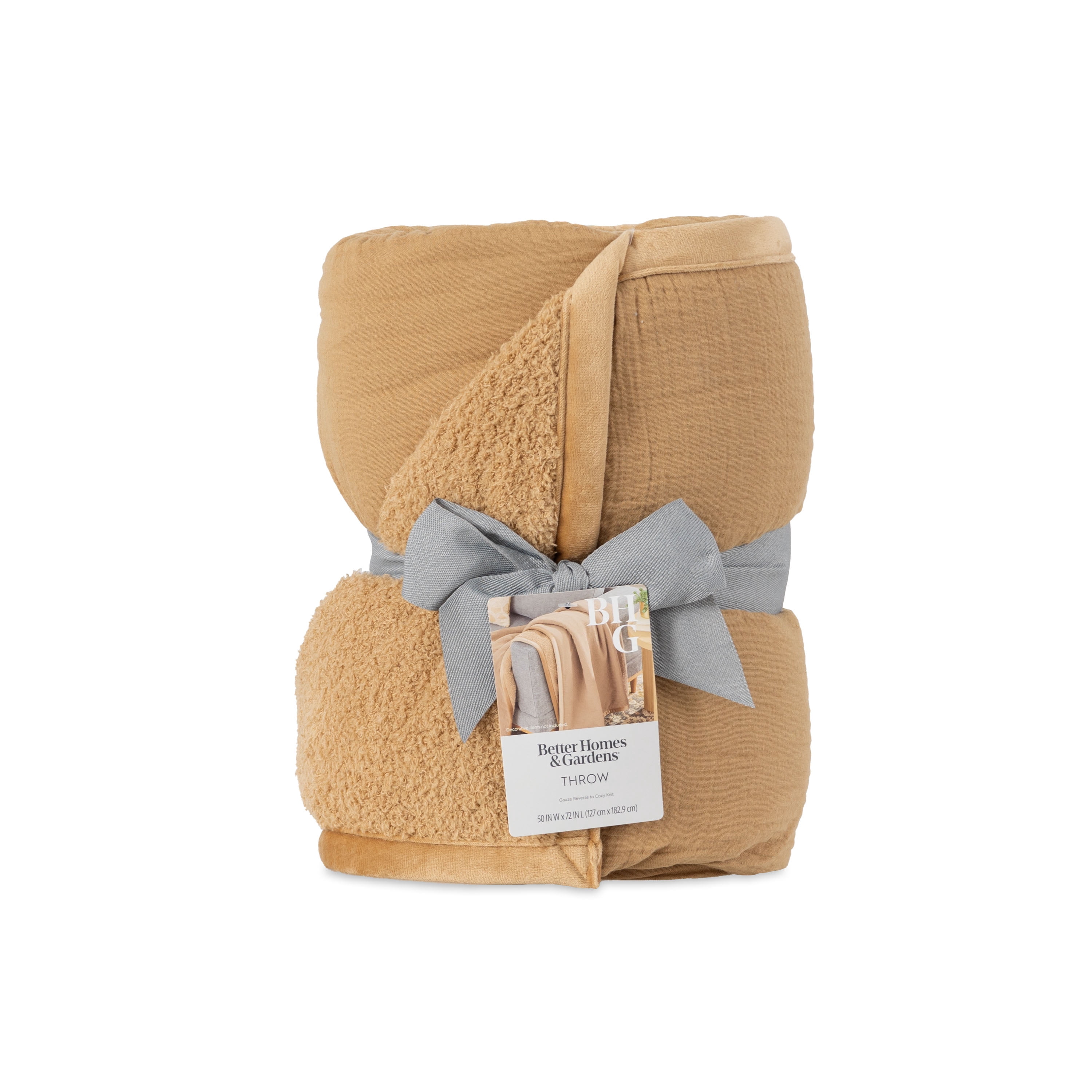 Better Homes & Gardens Gauze Reverse to Cozy Knit Super Soft Throw Blanket, Oversized, Dark Caramel