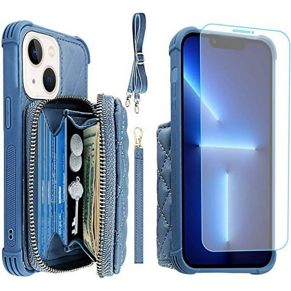 MONASAY Zipper Wallet Case Fit for Apple iPhone 13,[Glass Screen Protector ][RFID Blocking]Flip Leather Handbag Phone Cover with Card Holder&Detachable Crossbody Shoulder Lanyard Strap