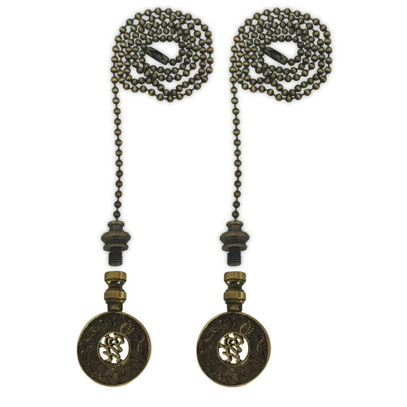 Royal Designs Fan Pull Chain with Good Fortune Oriental Motif Finial – Antique Brass – Set of 2