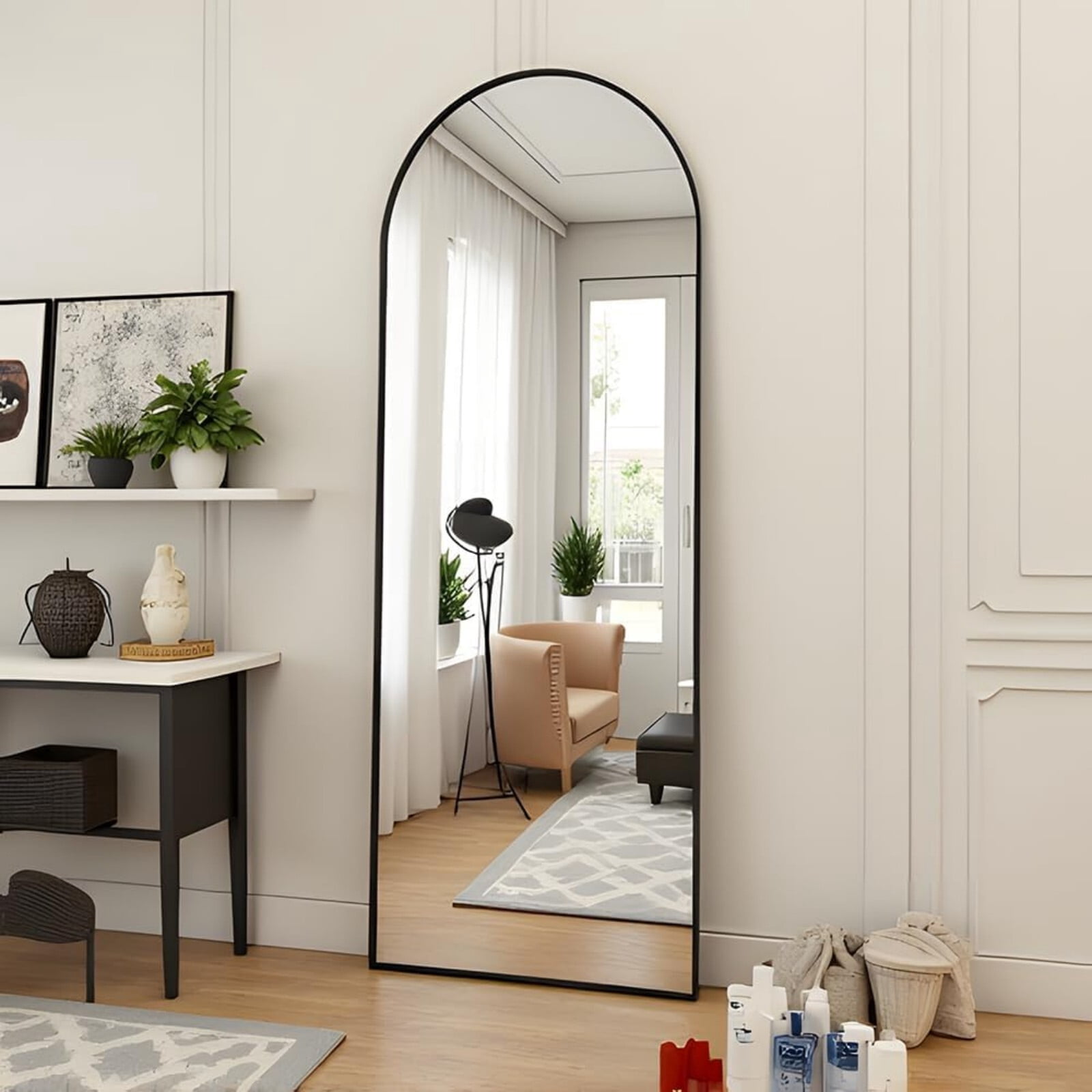 BEAUTYPEAK 58"x 18" Arched Full Length Metal Standing Floor Mirror, Black