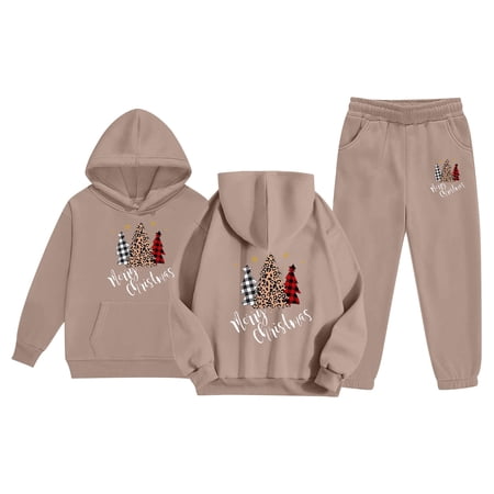 Outfits Sets for Little Girls Print Hooded Sweatshirt Long Sleeve Pullover Soft Fleece Top For Holiday Festive Party Outfit Casual Sweatsuits Sets 10-11 Years