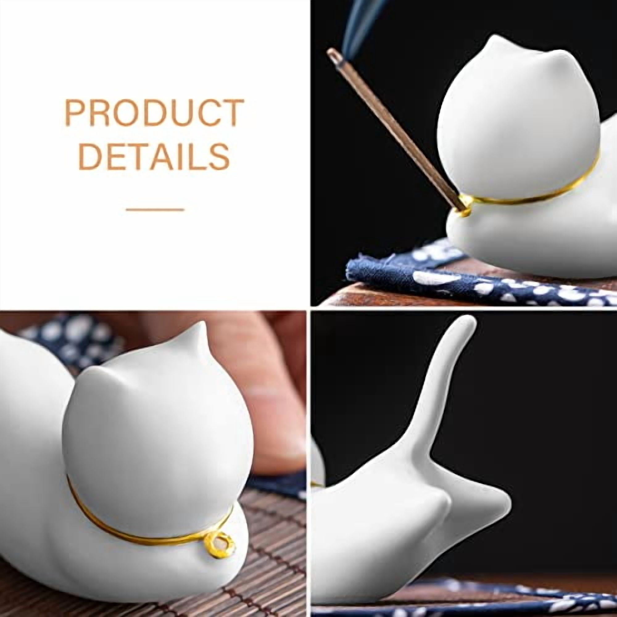 Incense Holder Handmade Ceramic Incense Burner with 30 Sandalwood Insence-Stick Holder with Bamboo Mat, Cute Cat Decor Incense Holder for Sticks for Aromatherapy/Yoga/Meditation/Ho