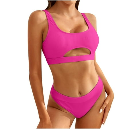 Special Savings  Summer Women s Split Solid Color  Sexy Skinny Backless Bikini  Trendy Beachwear  Comfortable Swimwear Set for Summer  Stylish Bikini for Women | Sopatenor  Hot Pink XL