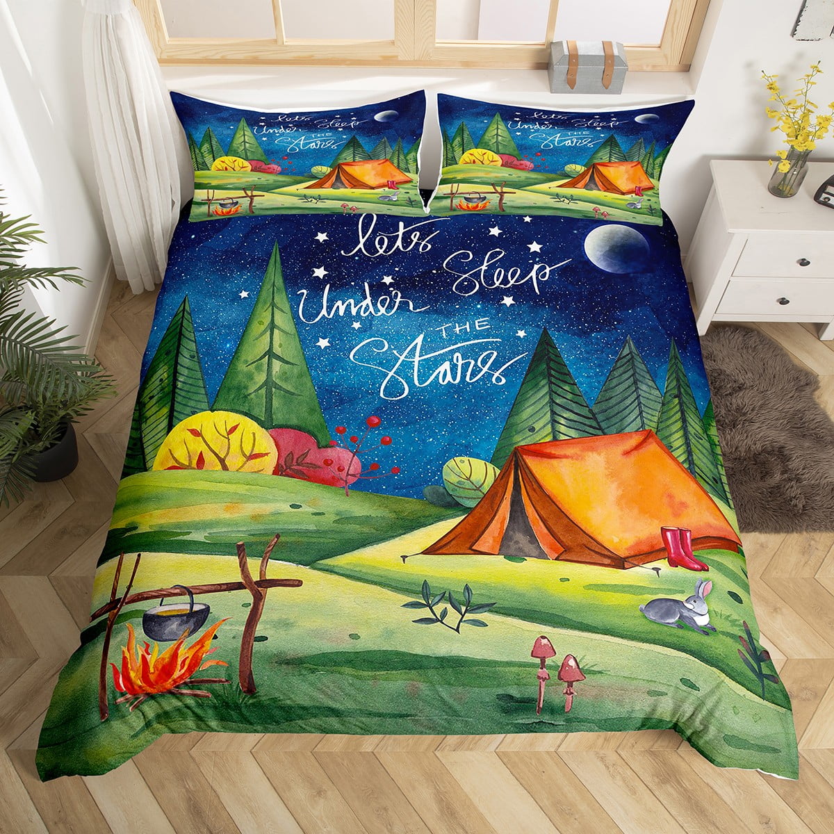 Kids Camping Themed Bedding Blue Starry Sky Duvet Cover for Family Boys