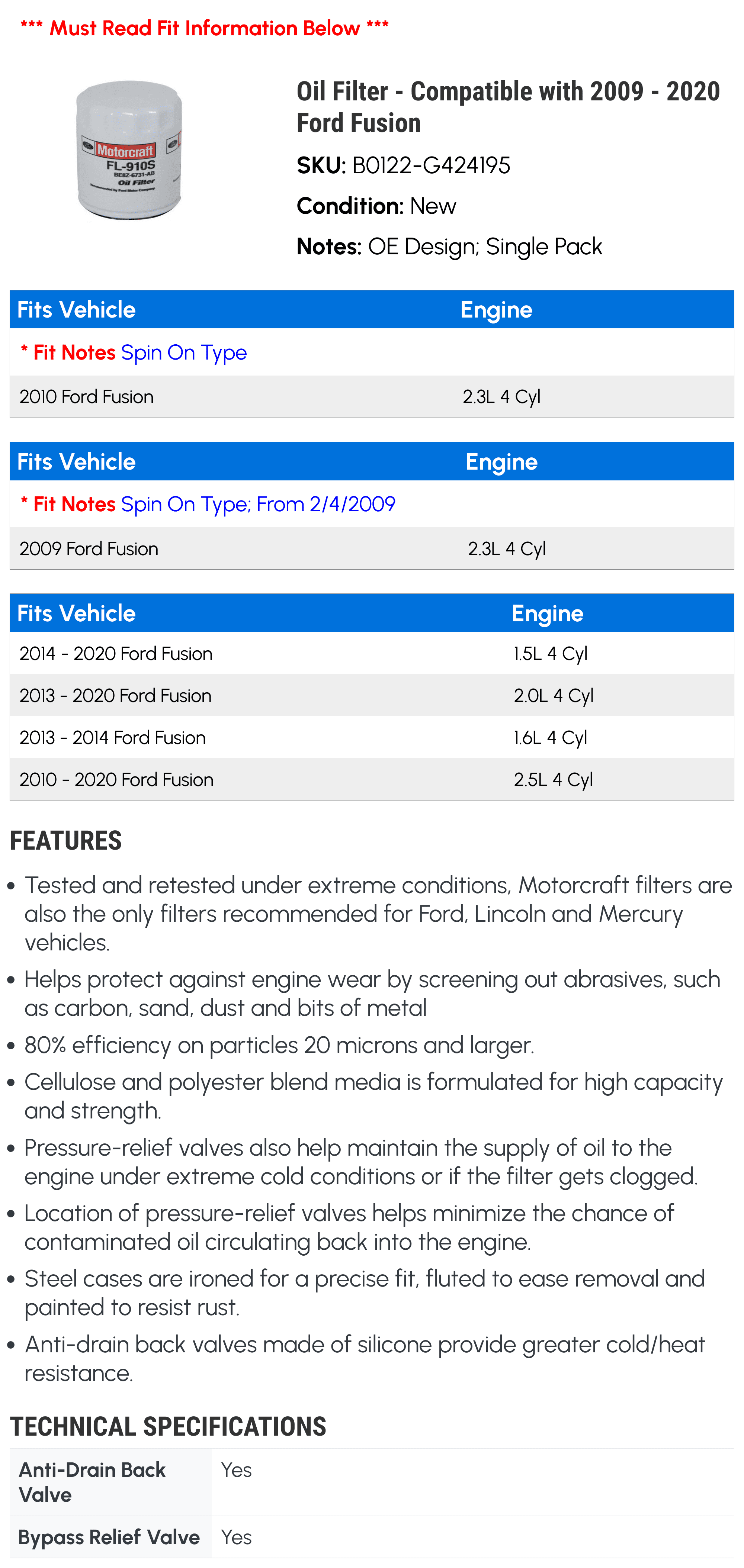 Oil Filter - Compatible with 2009 - 2020 Ford Fusion 2010 2011 2012 2013 2014 2015 2016 2017 2018 2019