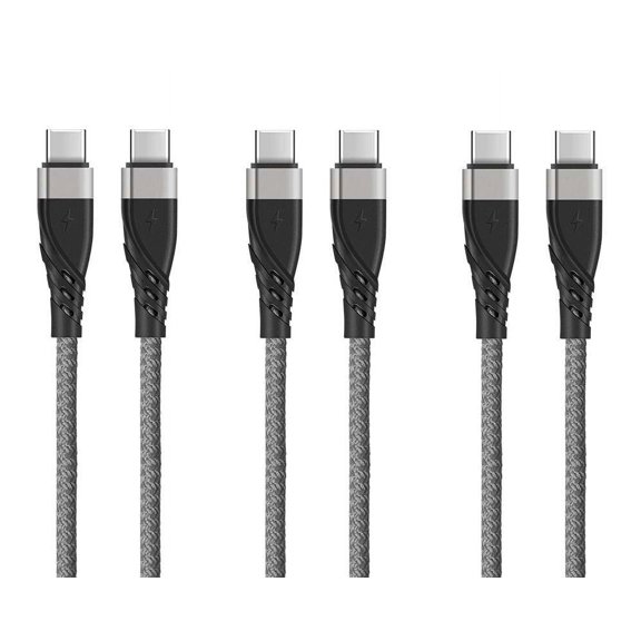 Bemz USB C Cable, Heavy Duty USB C to USB C Cable (3 Pack, 3 Feet), 60W/3A Power Delivery Charger Cable for Cricket Outlast - Gunmetal Gray