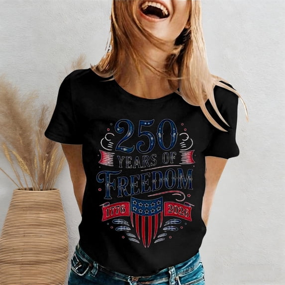 CUSTG Women T-Shirts Graphic Print T Shirt Anniversary Lettering Casual Short Sleeve Tops Everyday O-Neck 1776-2026 Celebrate America's 250th Anniversary Relaxed Fit Streetwear