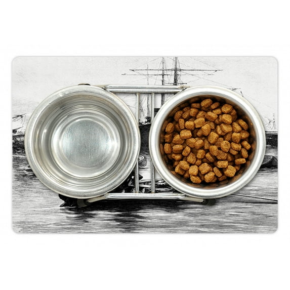 Vintage Boat Pet Mat for Food and Water, San Diego Port Vintage Picture with Ships and Sailboats Old Times Artwork, Non-Slip Rubber Mat for Dogs and Cats, 18" X 12", by Ambesonne