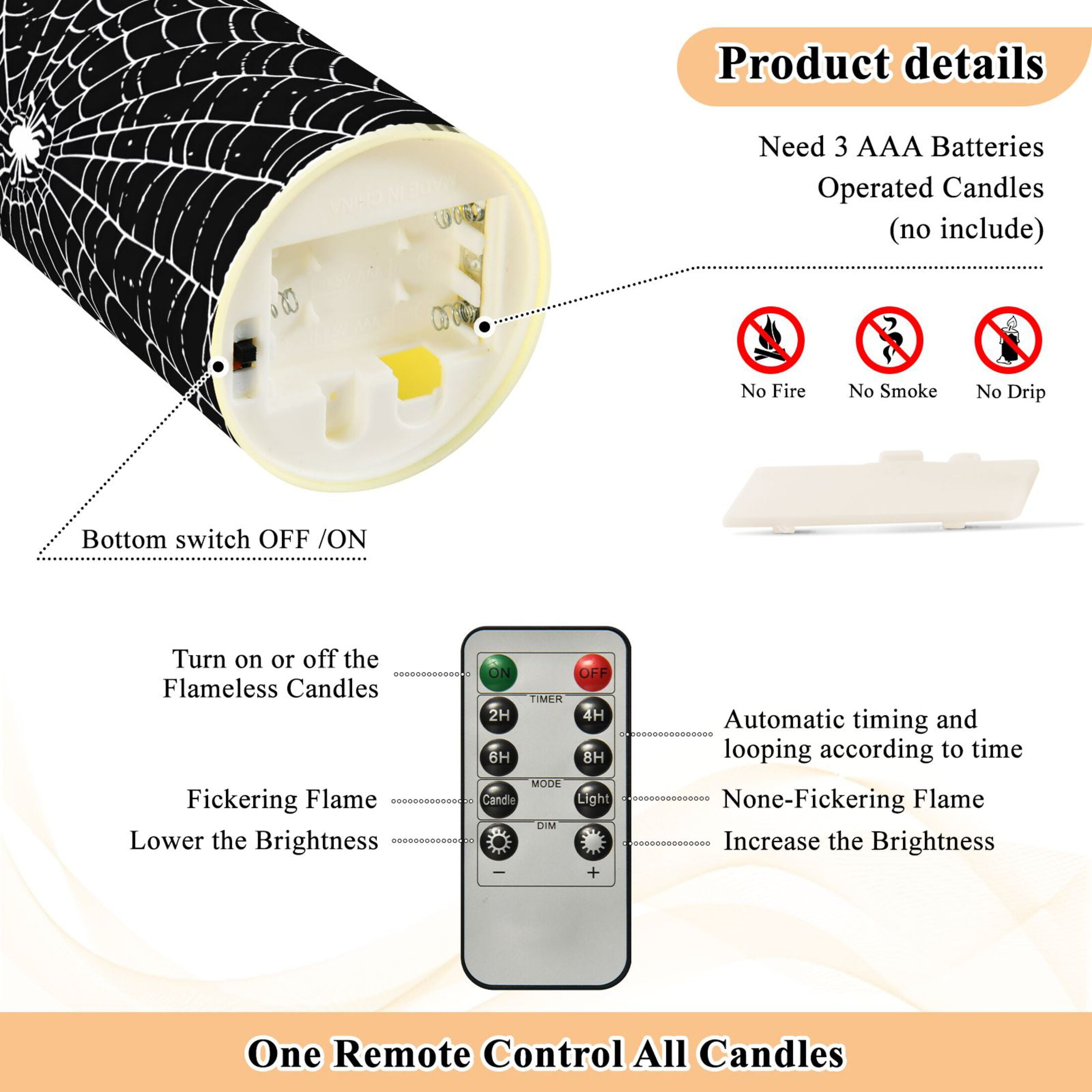 Web Flameless Candles 2 PCS with Remote Realistic Moving Flame LED Tapered Pillar Set for Home Decor