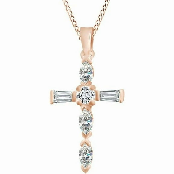 Real 925 Sterling Silver 14K Rose Gold Plated Mutli Shape White Diamond Cross Pendant Necklace For Women