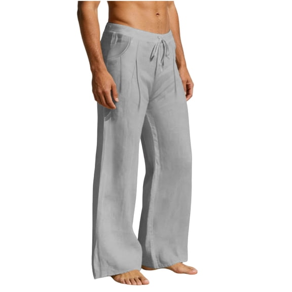 Gytharion Mens Imitation Cotton Linen Beach Pants Low Waist Drawstring Lightweight Solid Color Pants Wide Leg Beach Trousers