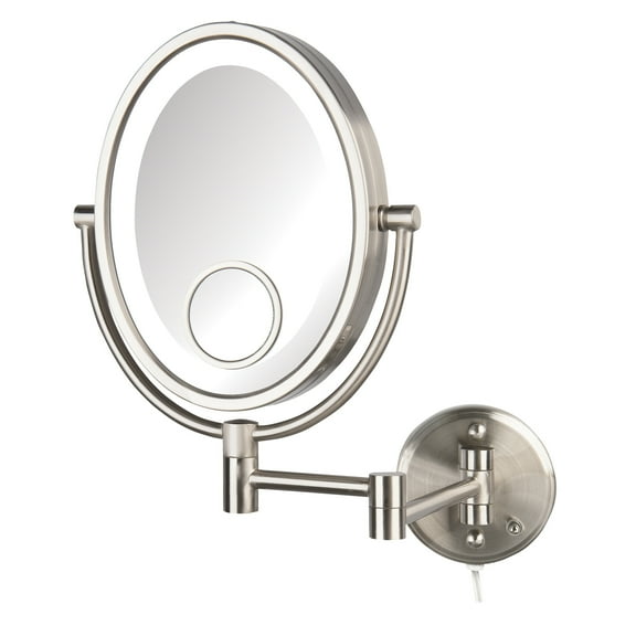 Jerdon 8 inch by 10 inch Oval Wall-Mounted Lighted Makeup Mirror with 10X-1X and 15X Spot Magnification, Nickel Finish, Plug In-Model HL9515NL