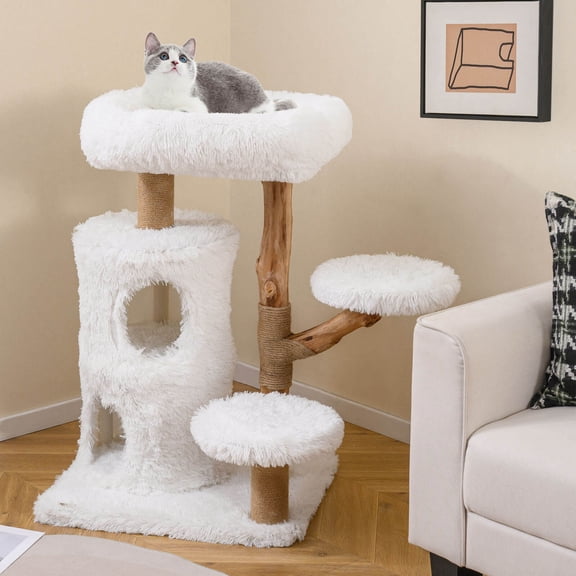 Costway 30.5 Cat Tower with Real Solid Wood Branches, Scratching Posts, 2-storey Condo White Natural