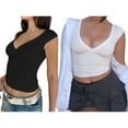 thumbnail image 2 of Women Short Sleeve Deep V Neck Slim Fitted Crop Top Basic Solid Plain Bodycon Blouses T-Shirt Undershirt, 2 of 9