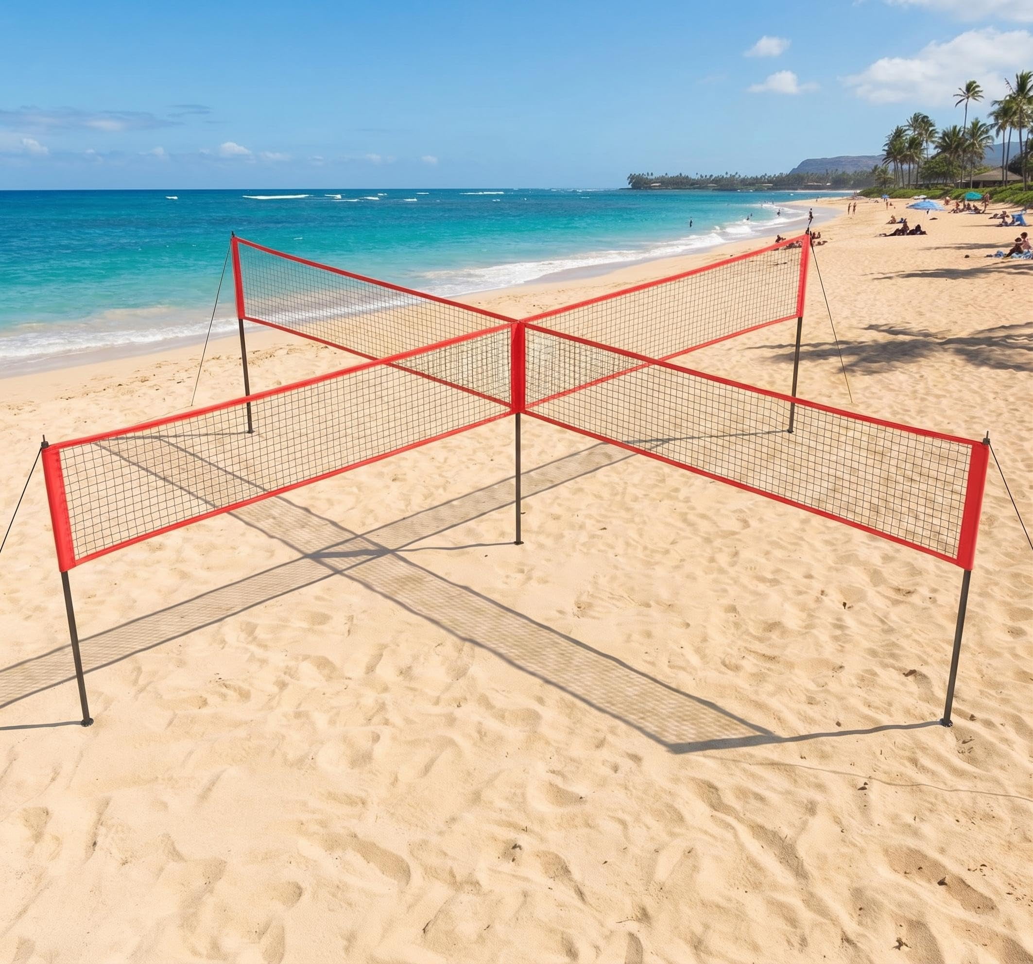 14FT 4-Square Cross Volleyball Net System with 3 Adjustable Heights, PE Outdoor Multiplayer Game Set with Ball, Pump & Carry Bag, Black/Red