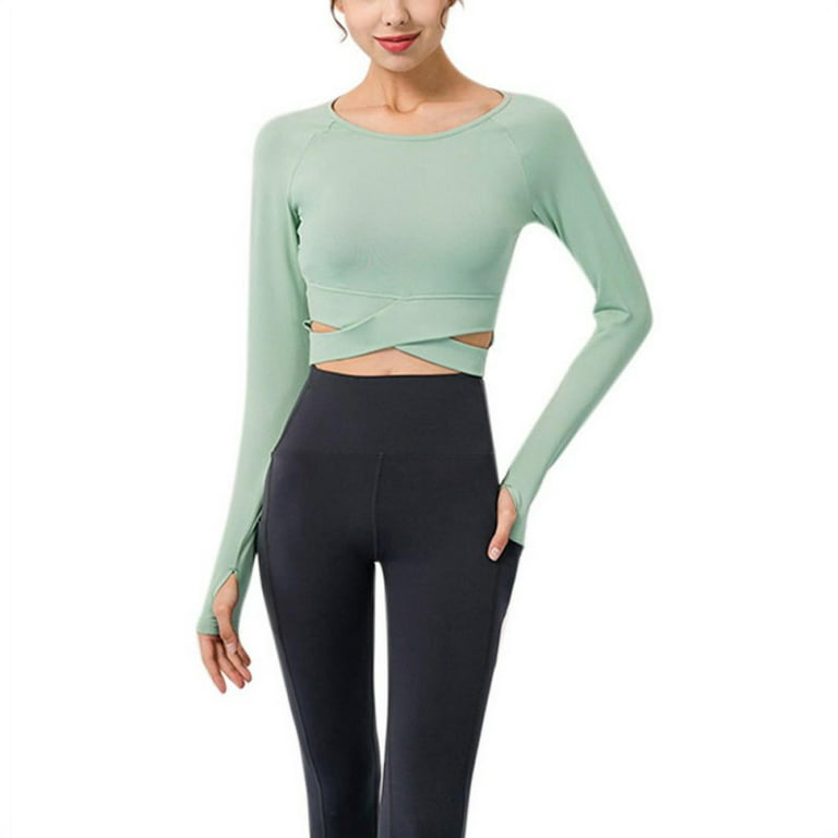 Women's Compression Top with Bra Hollow Out Cross Tight Yoga Long Sleeve  Shirt Quick-drying Workout Clothes for Sports Running Fitness (Green, S) 