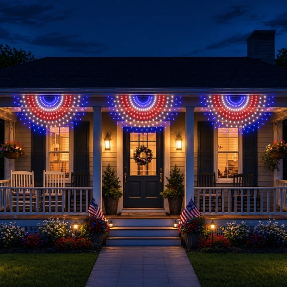 huayou Patriotic American Half Fan Flag LED Net Lights, Red White Blue Festive Lamps Waterproof Outdoor Decoration, for 4th of July Independence Day Garden Yard Porch Home Decor, 3pcs