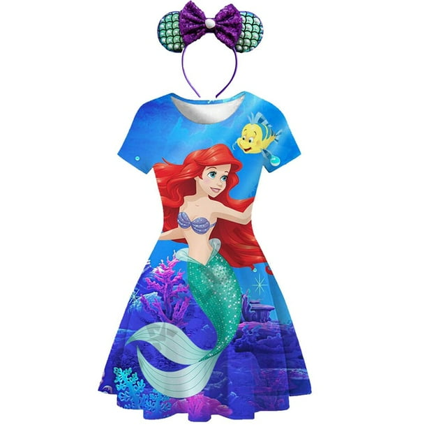 Vestido de princesa Ariel de La Sirenita de Disney para niñas Vestido de fiesta disfraces de fantasía niños Casual A-Line vestidos de verano bata 2-10T5-6T (Tag130) Gao Jinjia LED