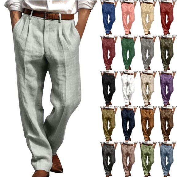DDAPJ pyju Linen Pants Men Straight Leg Pleated Work Dress Pants Relaxed Fit Casual Leisure Chino Trousers Army Green L