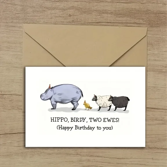 Hippo, Birdy, Two Ewes Birthday Card – Humorous Animal Design – Blank Inside for Personal Messages – Perfect for Friends and Family Celebrations