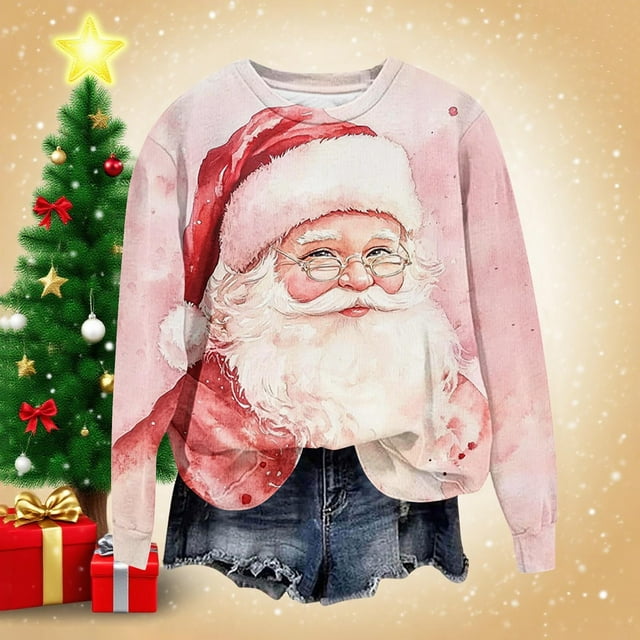 YOIAVAIOY Chandails en Molleton de Noël Grande Taille pour Femmes Père Noël Impression 3D Chandail Col Rond Manches Longues Chandail en Molleton de Noël