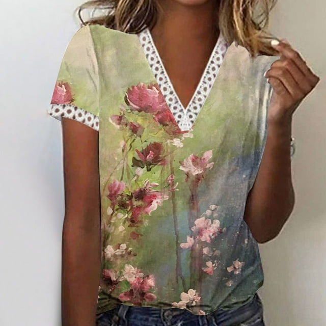 Hauts d'Été pour Femmes 2023 Mode Col en V Patchwork en Dentelle Manches Courtes Blouse Décontractée Col en V Chemises Oversize pour Femmes