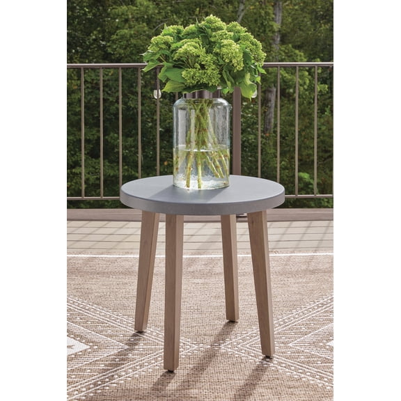 Signature Design by Ashley Francis Beach Outdoor Round End Table, Natural and Gray, Aluminum Patio Side Table