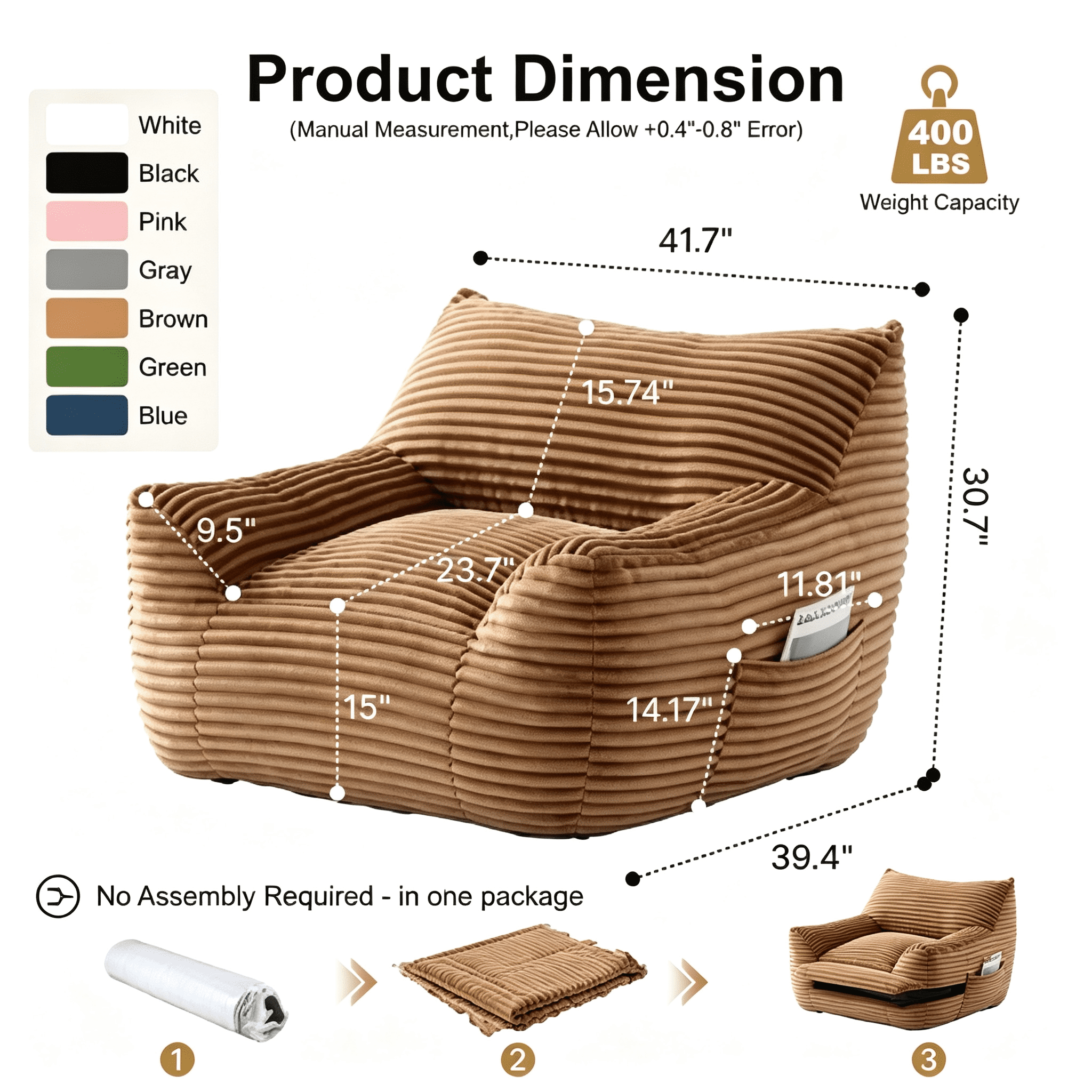 Oversized Adult Bean Bag Chair with Matching Ottoman, High Resilience Shredded Foam Ergonomic Lazy Sofa with Armrests for Gaming Reading, Ideal for Living Room Bedroom Dorm