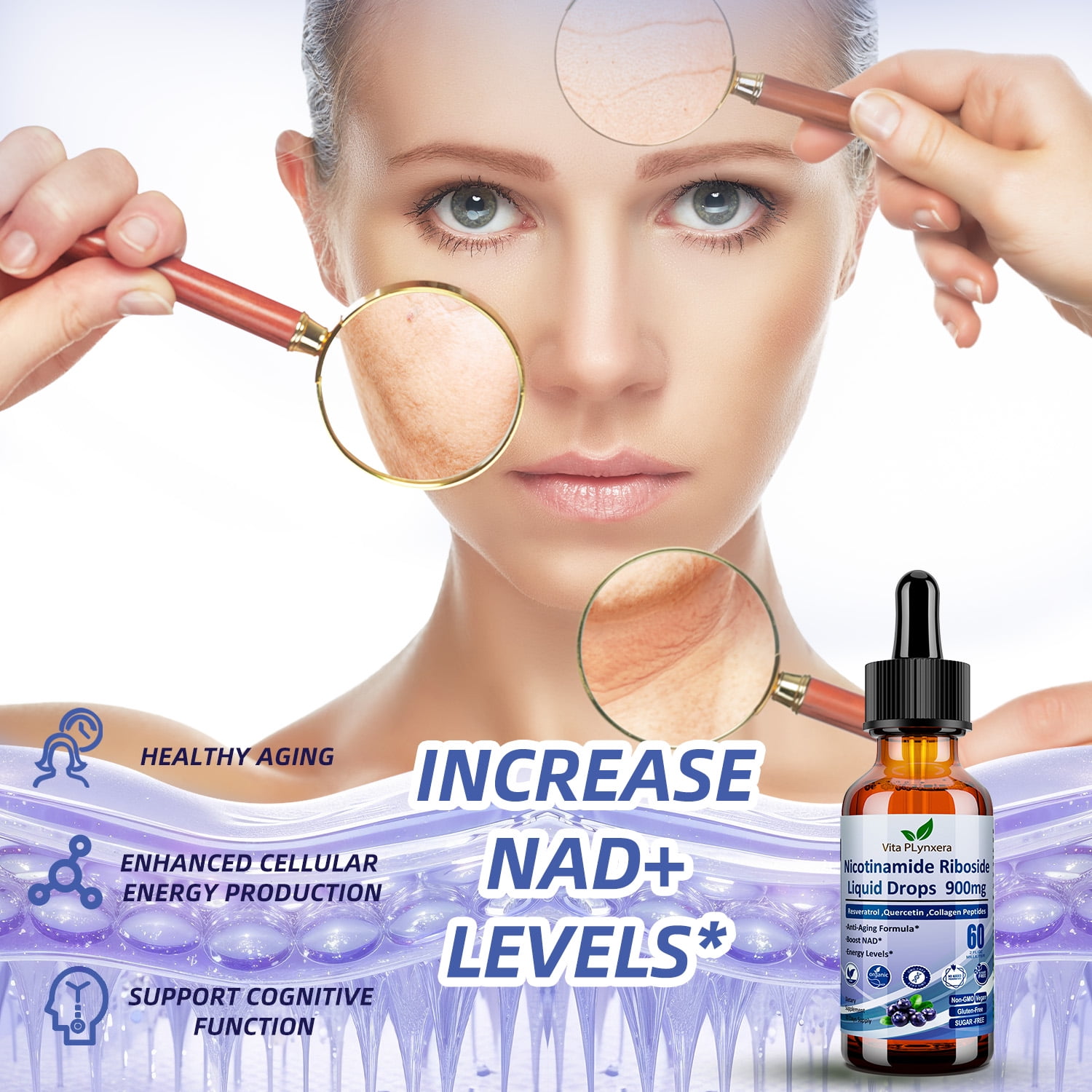 VitaPLynxera NAD+ Liquid Drops Nicotinamide Riboside Resveratrol 900mg  NAD+ Supplement with Quercetin, Collagen, Biotin 6-in-1 Formula for Women & Men | 60ml