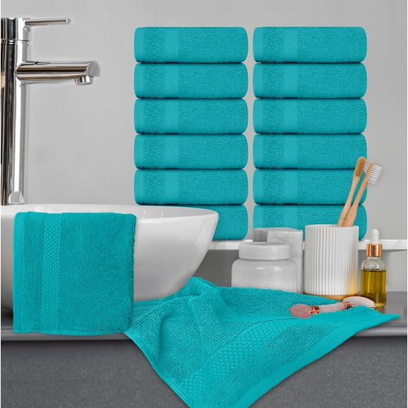 White Classic Luxury Cotton 12 Pc Washcloth Set, Hotel Style Small Bath Towel and Face Cloth 13x13, Soft Washcloths 12 Pack, Plush High Absorbent Wash Clothes, Bathroom Face Towels, Aqua Blue Towels