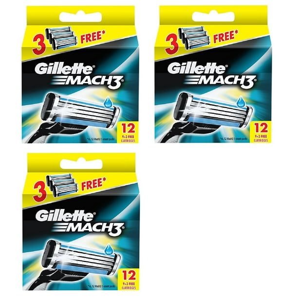 Gillette Mach3 Refill Razor Blade Cartridges, 12 Count (Pack of 3) + Eyebrow Ruler