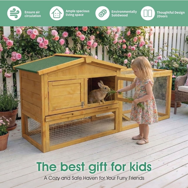 Kojooin 2-Story Rabbit Hutch, Wooden Indoor Outdoor Bunny Cage with Ramp, Removable Tray and Weatherproof Design