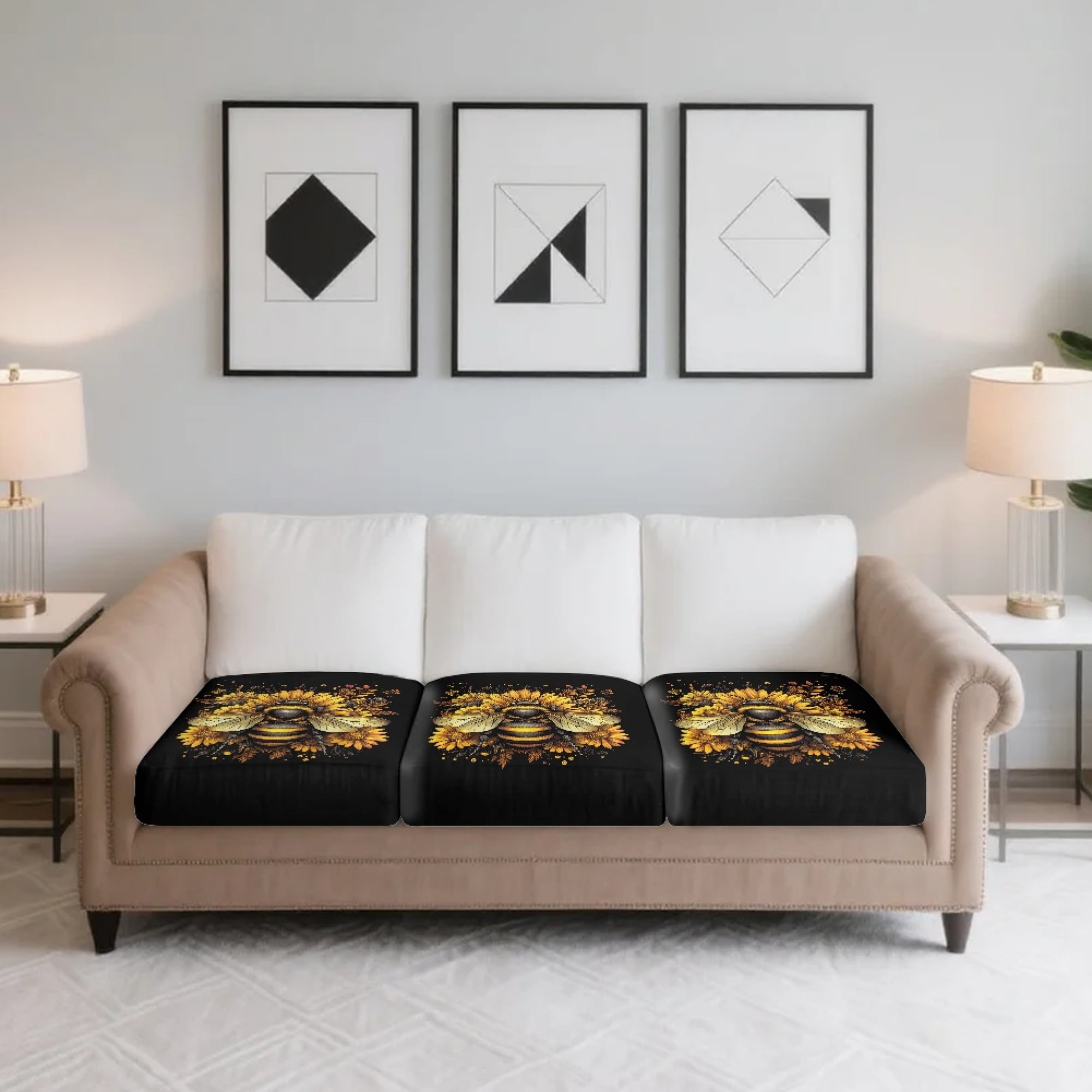 TSOVTHRID Bee Sunflower Black Print Couch Cushion Covers Washable Sofa Seat Furniture Protector Non Slip Couch Cover Decorative Cushion Slipcover Set with Elastic Bottom, 24x24 Inch