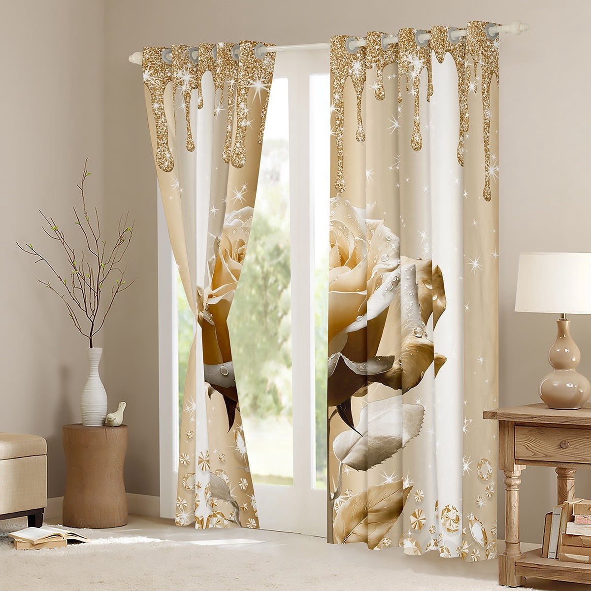 Castle Fairy Floral Rose Curtains Pack of 2 (42x84 Each),Sparkling Crystal Curtains Blackout,Bling Splash Sequin Bedroom Curtains,Microfiber Girls Bedroom Decor