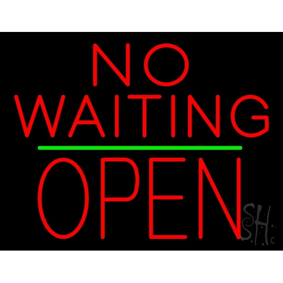 No Waiting Block Open Green Line LED Neon Sign 15 x 19 - inches, Clear Edge Cut Acrylic Backing, with Dimmer - Bright and Premium built indoor LED Neon Sign for Bar decor.