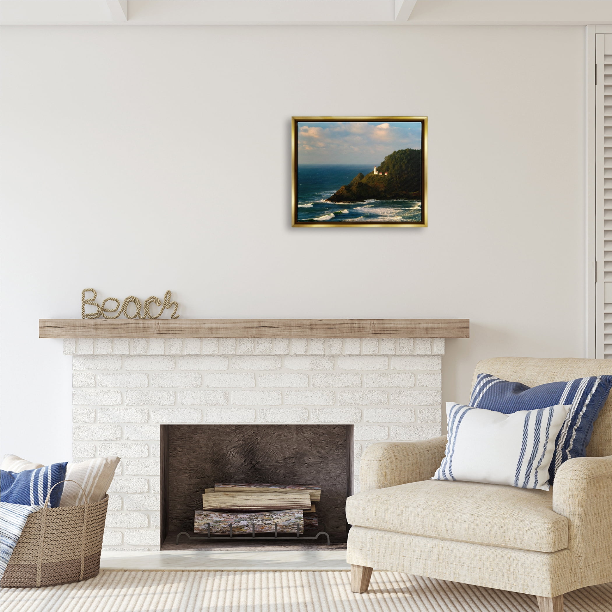 Stupell Industries Lighthouse Ocean Cliffs Nature Photography Gold Floater Framed Art Print Wall Art, 21 x 17