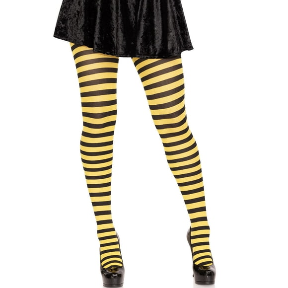Mallas Leg Avenue de nailon a rayas para mujer, color negro y amarillo