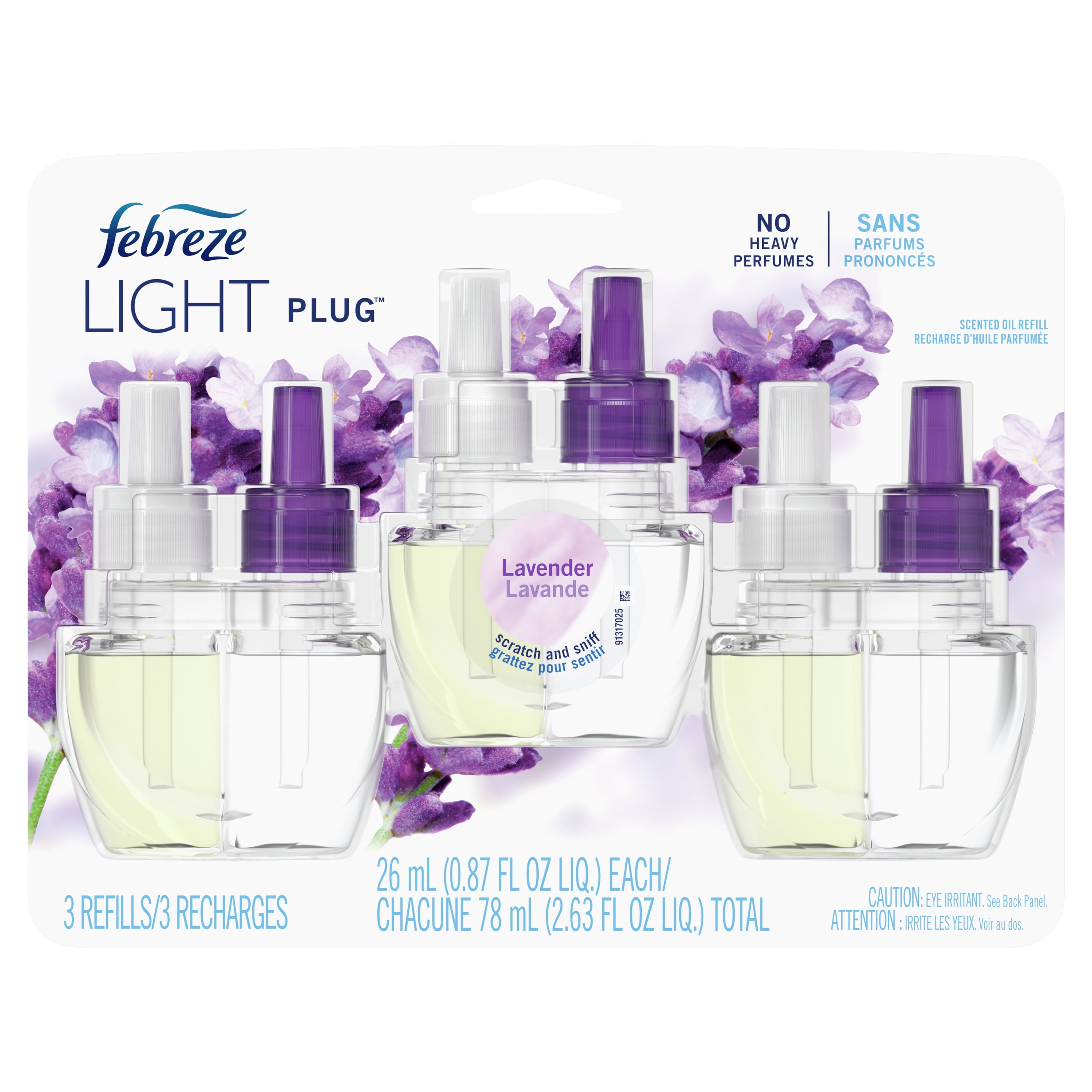 Febreze LIGHT Fade Defy PLUG Air Freshener, Lavender, (3) .87 fl. oz. Oil Refills