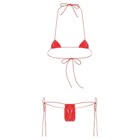 vastwit Women Wet Look Shiny Bikini Set Micro Sexy String Two Pieces Swimsuit G-string Swimwear Type B Red One Size