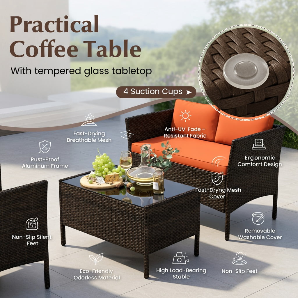Hommoo 4-Piece Outdoor Rattan Patio Furniture Set with Removable Cushions, Loveseat, 2 Chairs, Tempered Glass Coffee Table, Weather-Resistant PE Wicker, Orange