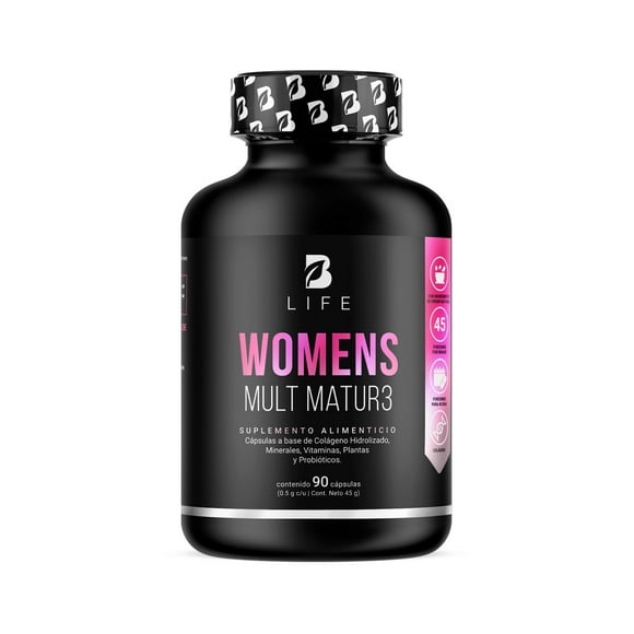 Multivitamínico para Mujer Mayor de 40 años con 90 Cápsulas. Ingredientes naturales: Colágeno, Inositol, Maca, Probioticos. Womens Mult Mature B Life.
