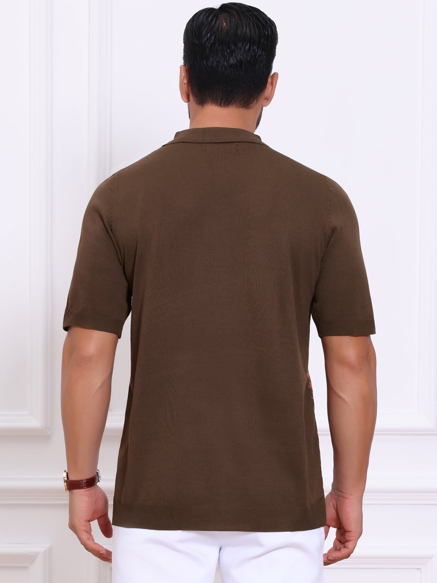 DARING DIVA Men's Houndstooth Summer Short Sleeve Casual Knit Polo Shirt L Brick Red