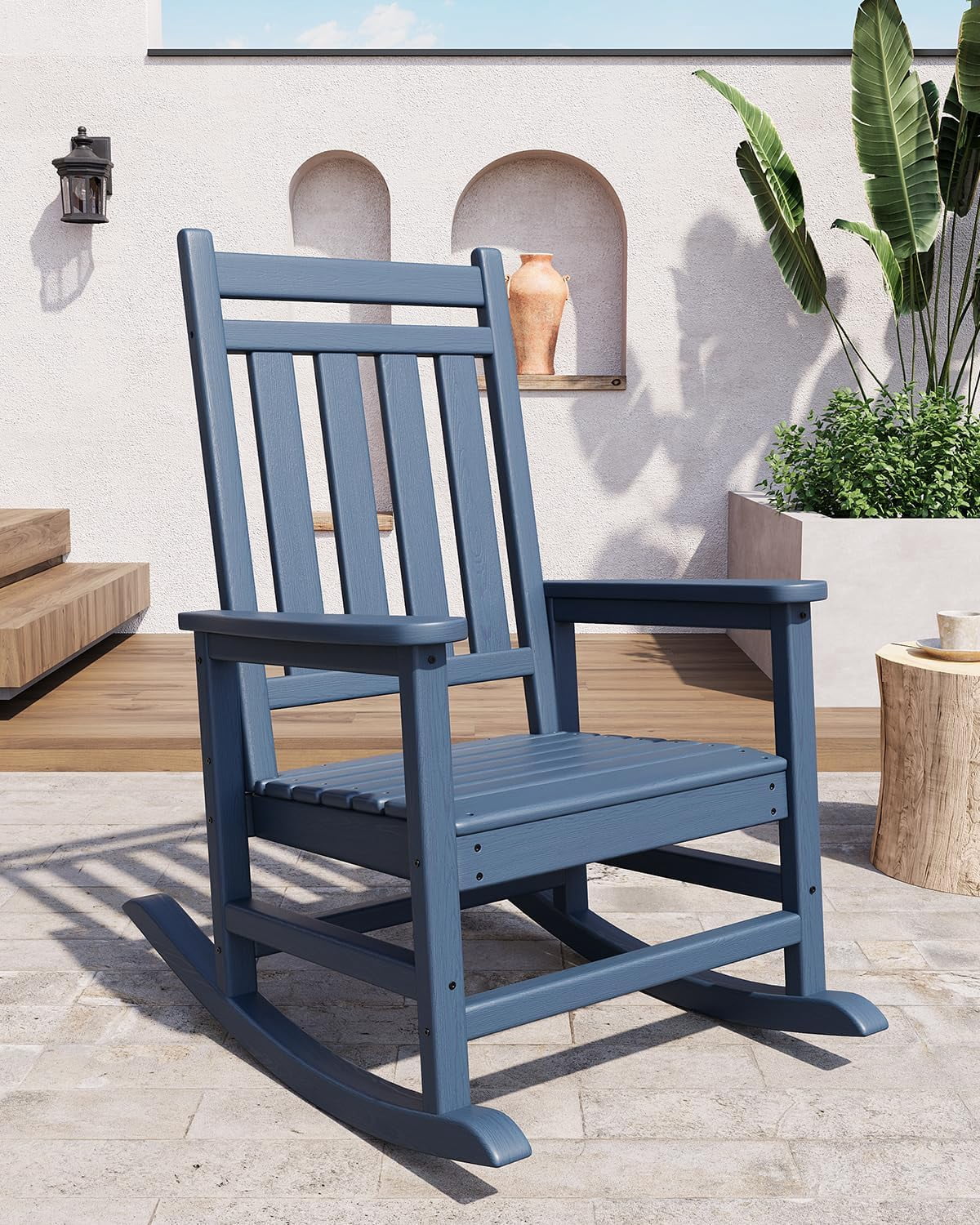 IdealHouse HDPE Weather-Resistant Rocking Adirondack Chair - 380LBS Heavy Duty, No Complex Assembly, Wood-Grain - Patio/Lawn/Outdoor (Blue, 1pcs)