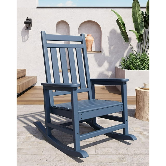 HDPE Outdoor Rocking Chair, High Back Patio Rocking Chairs with Wide Armrests, All Weather Porch Rocker for Lawn, Garden, Deck, 380 Lbs Weight Capacity, Navy Blue