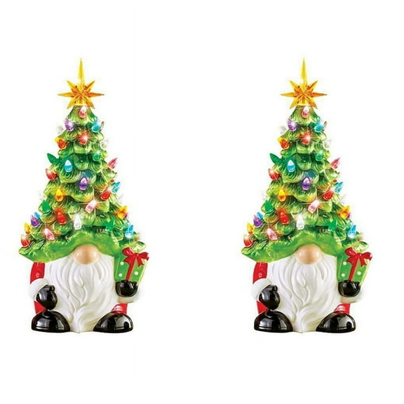 2X Christmas Decorations - 6.2Inch Lighted Up Gnomes Christmas Tree with Multicolored Lights Small Mini Holiday Decor