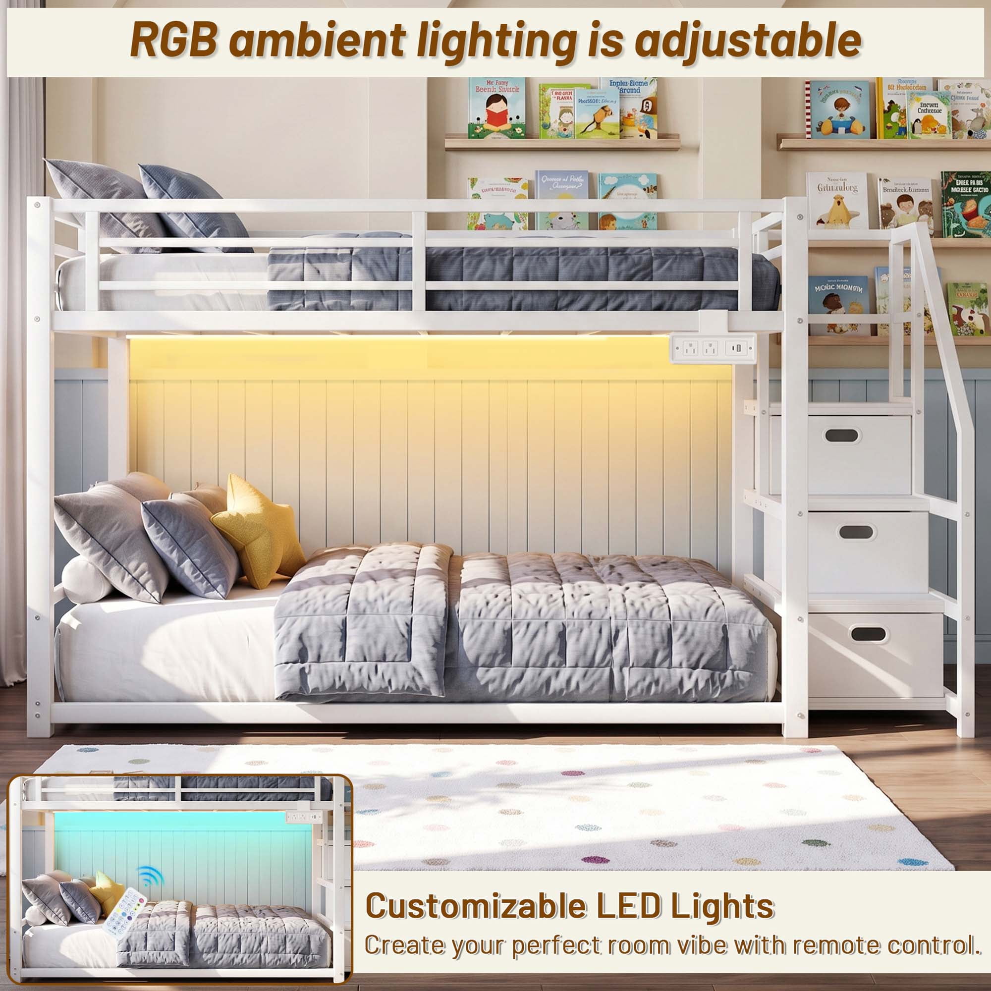 Miniyam Full Over Full Bunk Bed with Storage Stairs, Movable Charging Station and LED Lights, White