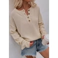 thumbnail image 5 of Soft Ribbed Knit Half Button Up Sweater Fringe Long Sleeve Design for Women Beige Large, 5 of 5