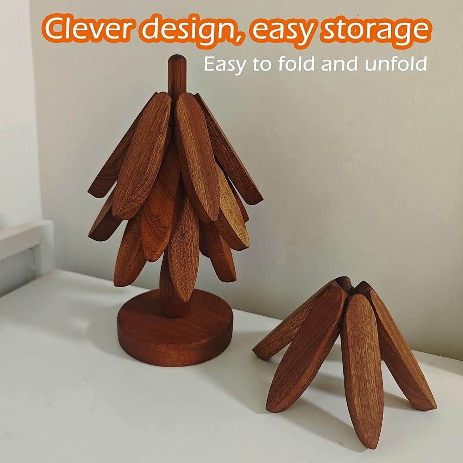 Wooden Tree Trivet Set - 4 Collapsible Hot Plate Stands With Storage Rack, Walnut