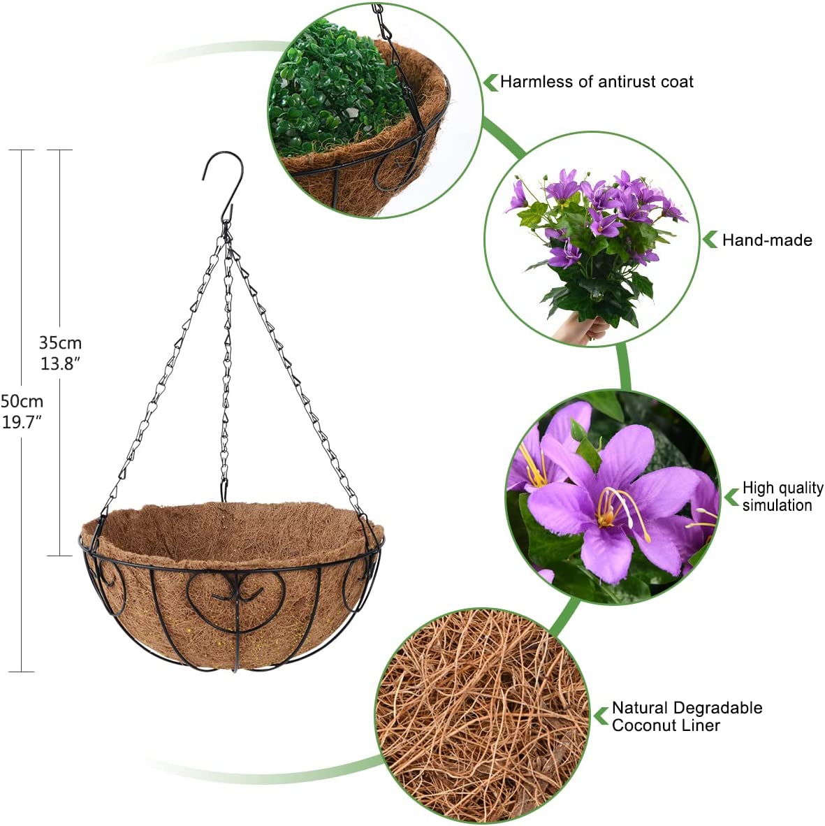 Artificial Flowers Hanging Basket for Outdoor Indoor,Fake Orchid Flowers in Coconut Lining Hanging Basket for Home Courtyard Decoration, 5 Branches Flowers in 12'' Basket(Purple)